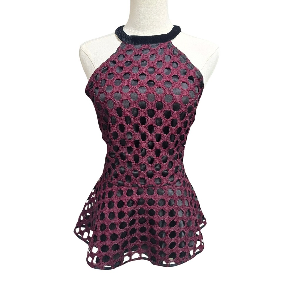 Burgundy Laser Cut Eyelet Halter Peplum Top Black Velvet Trim Sleeveless Goth S